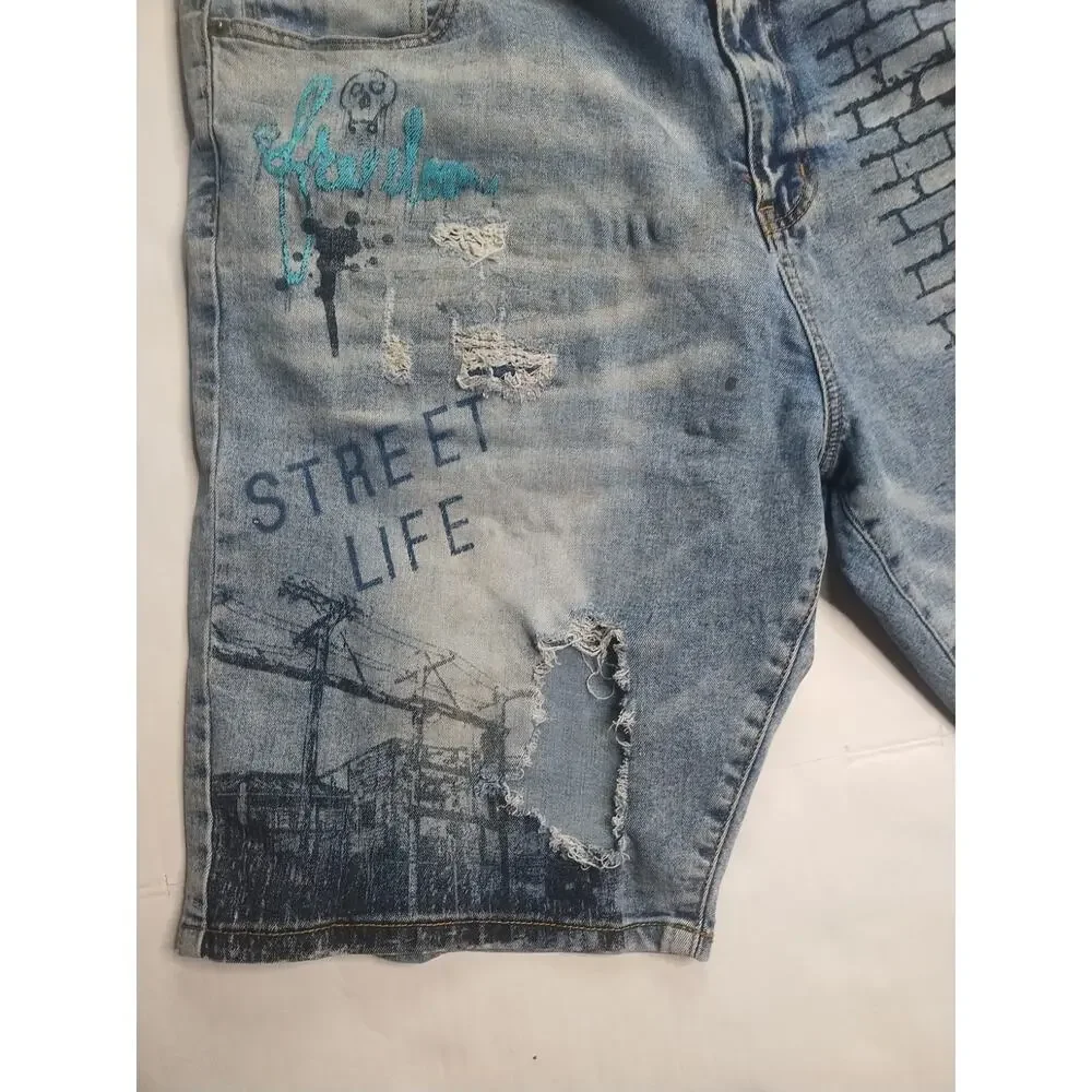 🔥 Rutherford • Distressed Graffiti Denim Slim Fit Blue Jeans Shorts • Men’s 38